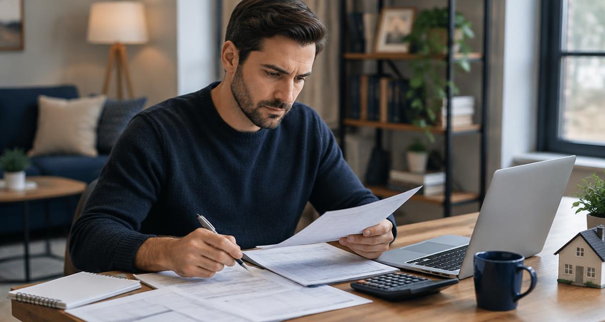Independent contractor reviewing income paperwork with a laptop, calculator and small model house on his desk