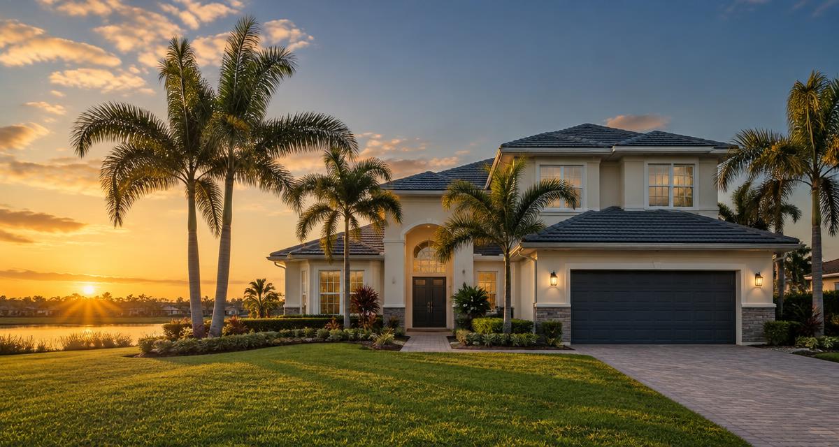 Two-story single-family rental home with palm trees at sunset, representing equity in an investment property