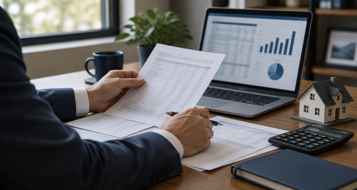 Real estate investor reviewing bank statements and a rental property financial spreadsheet at a desk with a model house and calculator