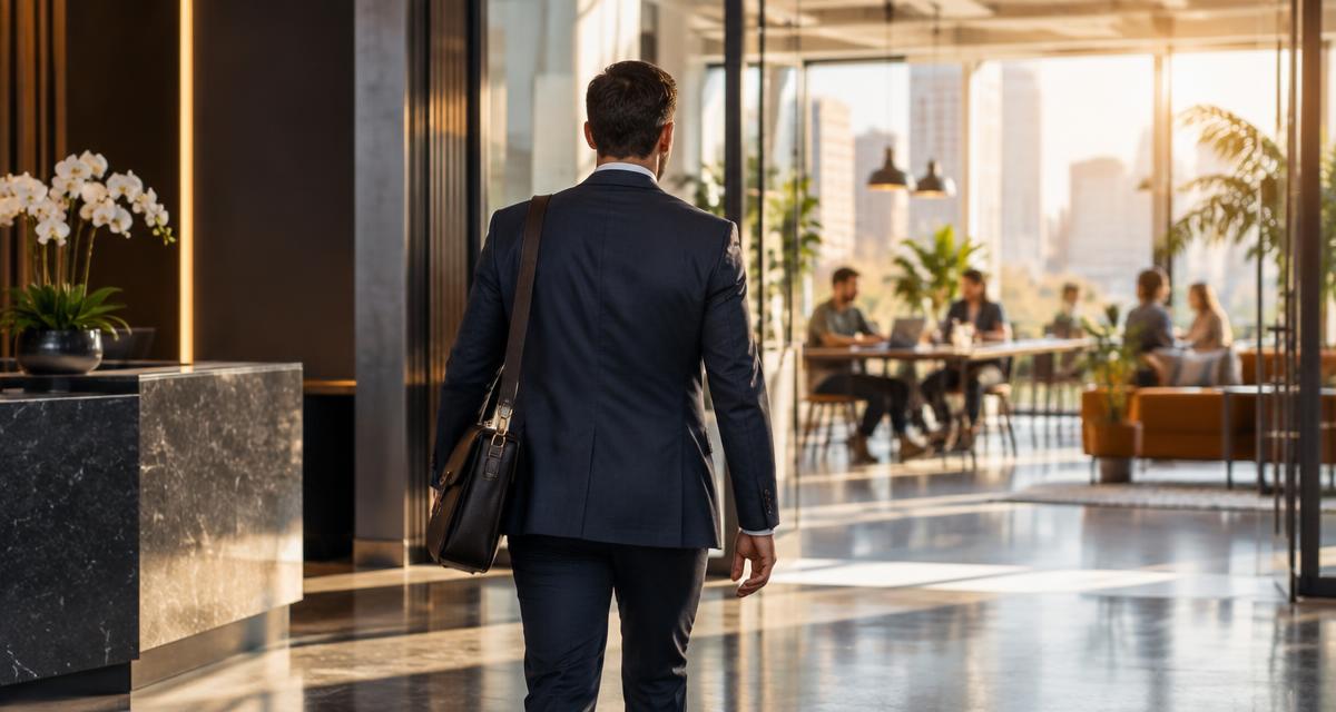 Professional with a laptop bag walking from a corporate office lobby toward a bright co-working space, representing a move from employee to independent contractor